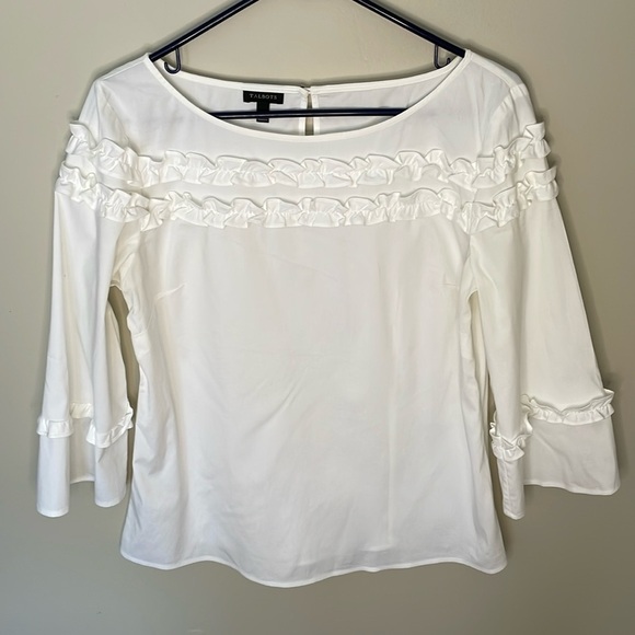 TALBOTS SM White Ruffle Accent Side Zip Pullover Blouse 3/4 Ruffle Top Sleeves - Picture 1 of 10